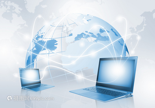 網絡背景上帶地球儀插圖的筆記本電腦圖像